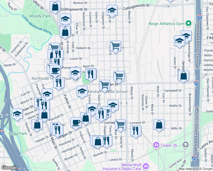 map of restaurants, bars, coffee shops, grocery stores, and more near 1415 Campbell Street in Houston