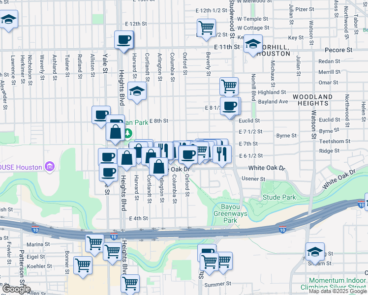 map of restaurants, bars, coffee shops, grocery stores, and more near 622 Columbia Street in Houston