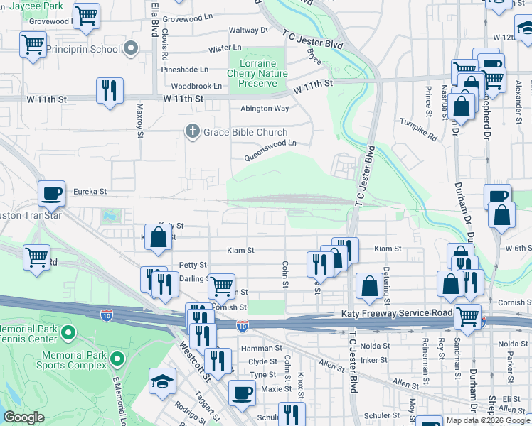 map of restaurants, bars, coffee shops, grocery stores, and more near 5609 Cohn Meadow Lane in Houston