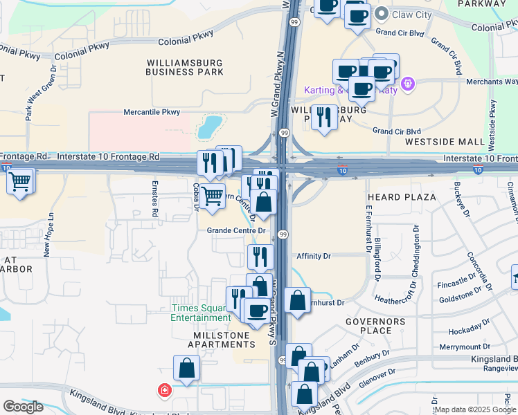 map of restaurants, bars, coffee shops, grocery stores, and more near 94 West Grand Parkway South in Katy