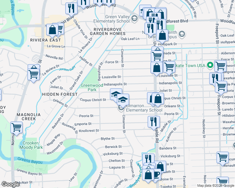map of restaurants, bars, coffee shops, grocery stores, and more near 13225 Corpus Christi Street in Houston