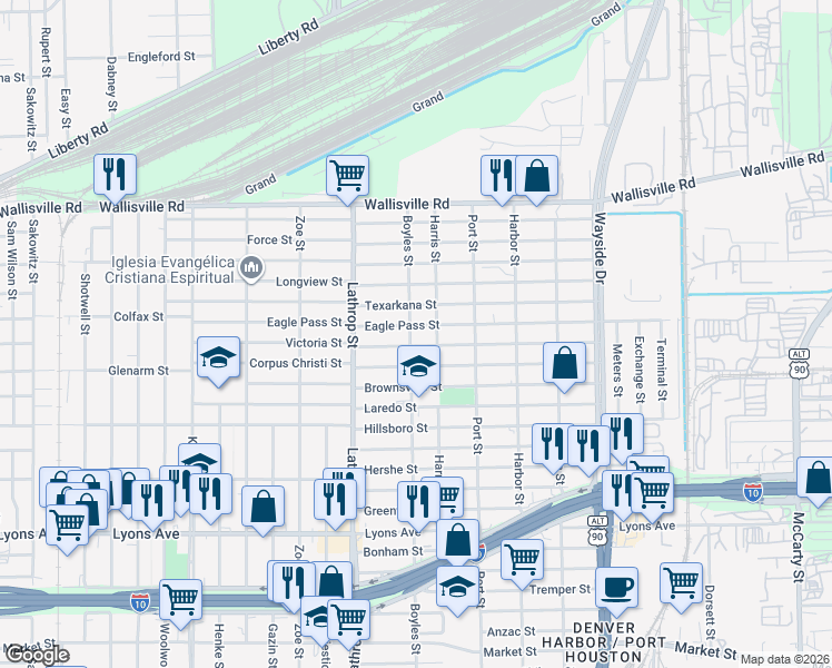map of restaurants, bars, coffee shops, grocery stores, and more near 7018 Victoria Street in Houston