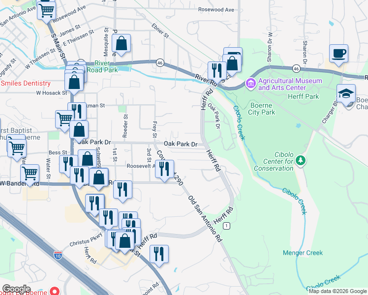 map of restaurants, bars, coffee shops, grocery stores, and more near 146 Whisper Way in Boerne