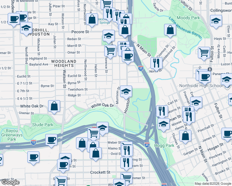 map of restaurants, bars, coffee shops, grocery stores, and more near 134 Vieux Carre Drive in Houston