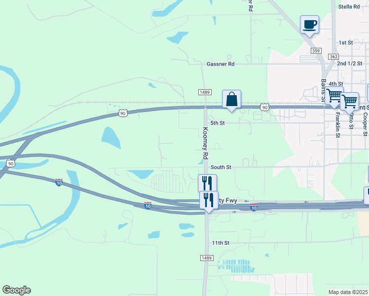 map of restaurants, bars, coffee shops, grocery stores, and more near 800 Koomey Road in Brookshire