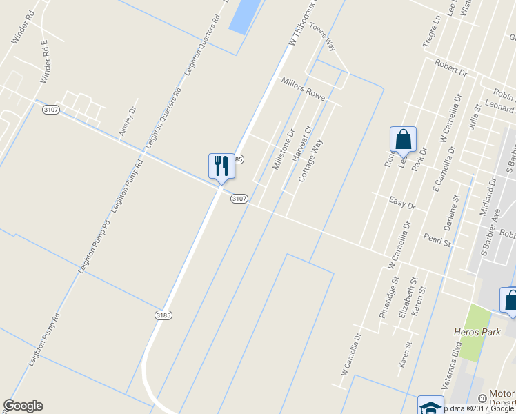 map of restaurants, bars, coffee shops, grocery stores, and more near Talbot Avenue in Thibodaux