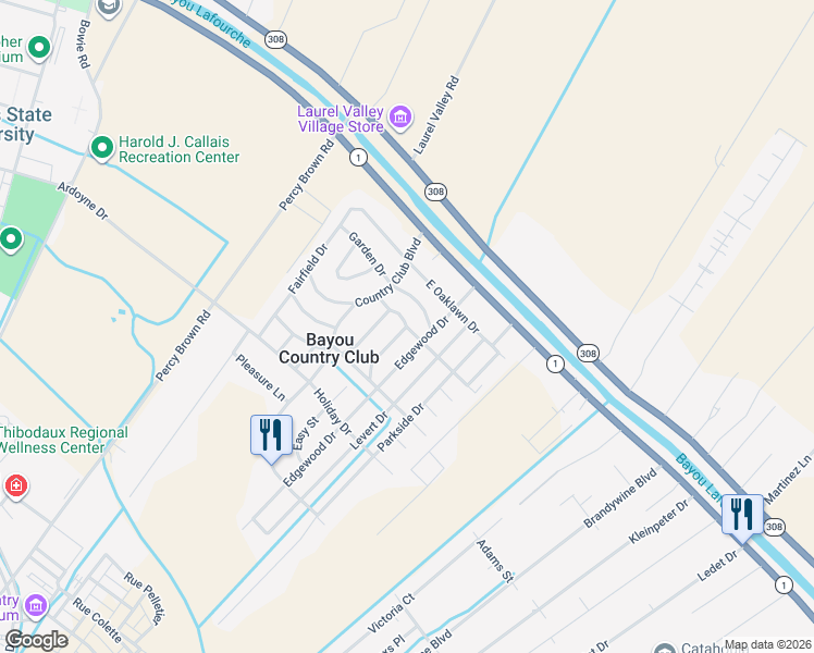 map of restaurants, bars, coffee shops, grocery stores, and more near 300 College Lane in Thibodaux