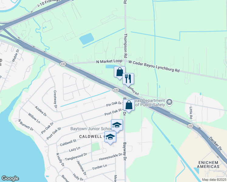 map of restaurants, bars, coffee shops, grocery stores, and more near 6305 Decker Drive in Baytown