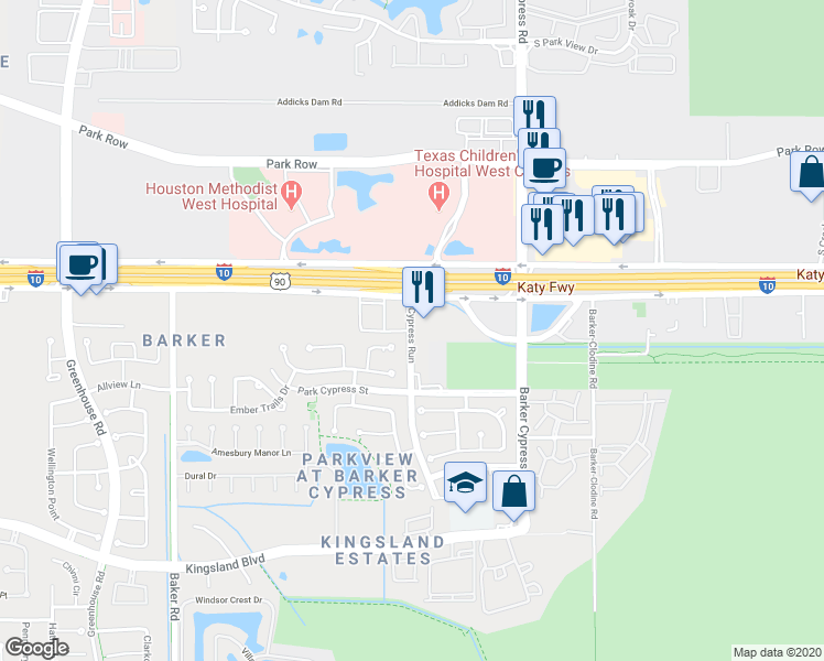 map of restaurants, bars, coffee shops, grocery stores, and more near Cypress Run in Houston