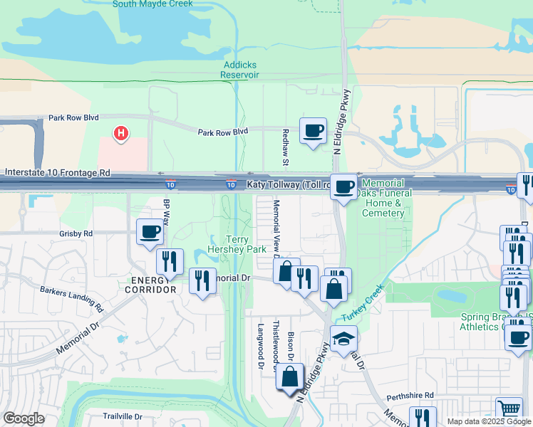 map of restaurants, bars, coffee shops, grocery stores, and more near 30 Memorial View Drive in Houston