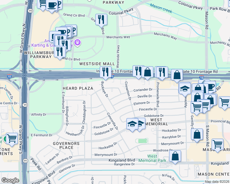map of restaurants, bars, coffee shops, grocery stores, and more near 22530 Poppyfield Drive in Katy