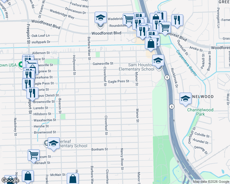 map of restaurants, bars, coffee shops, grocery stores, and more near 14447 Victoria Street in Houston