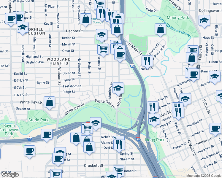 map of restaurants, bars, coffee shops, grocery stores, and more near 2812 Morrison Street in Houston