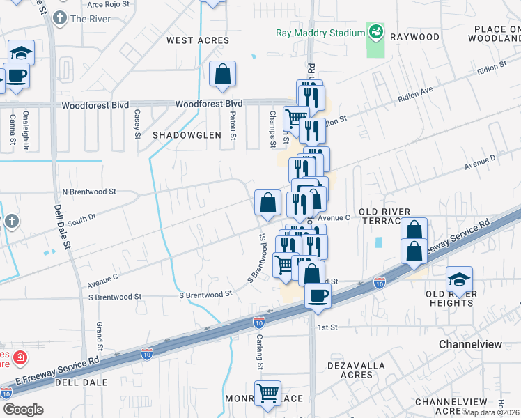 map of restaurants, bars, coffee shops, grocery stores, and more near 15711 North Brentwood Street in Channelview