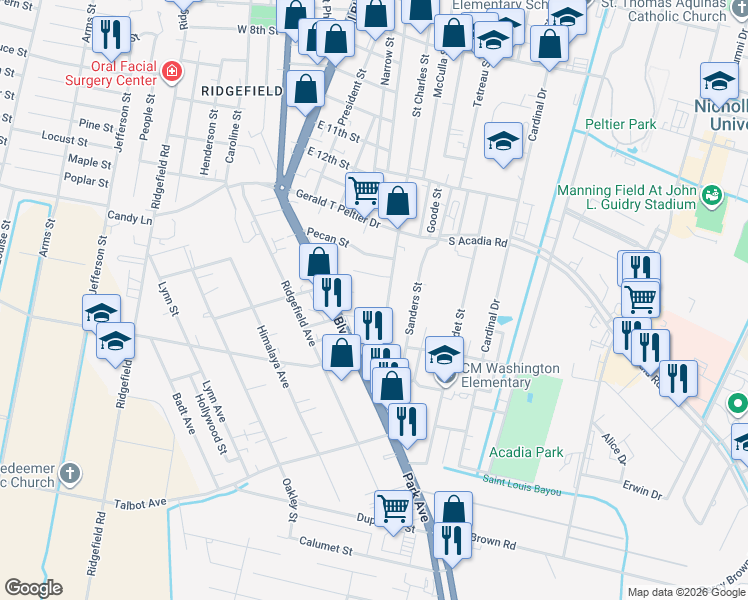 map of restaurants, bars, coffee shops, grocery stores, and more near 1266-1328 St Charles St in Thibodaux