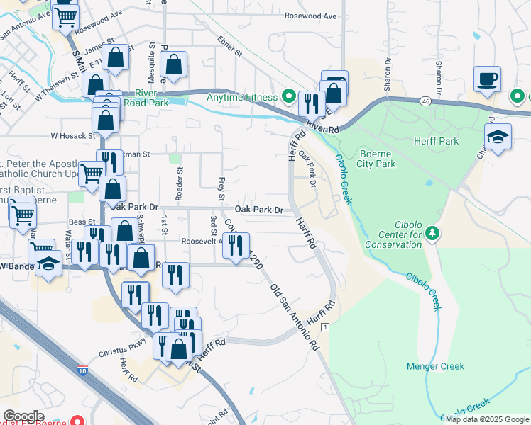 map of restaurants, bars, coffee shops, grocery stores, and more near 125 Green Meadows in Boerne