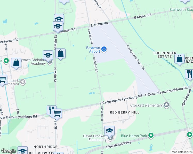 map of restaurants, bars, coffee shops, grocery stores, and more near 5300 Barkaloo Road in Baytown