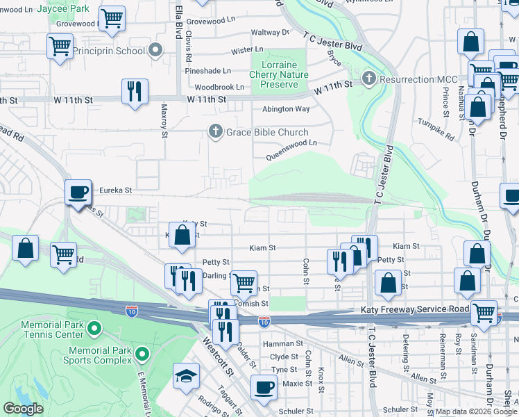 map of restaurants, bars, coffee shops, grocery stores, and more near 5728 Arabelle Crest in Houston