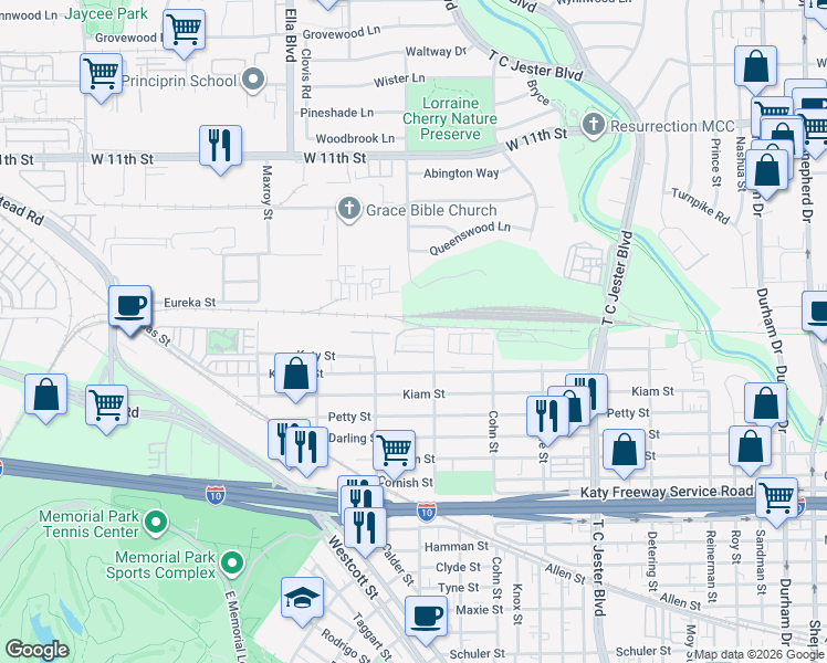 map of restaurants, bars, coffee shops, grocery stores, and more near 5728 Arabelle Crest in Houston