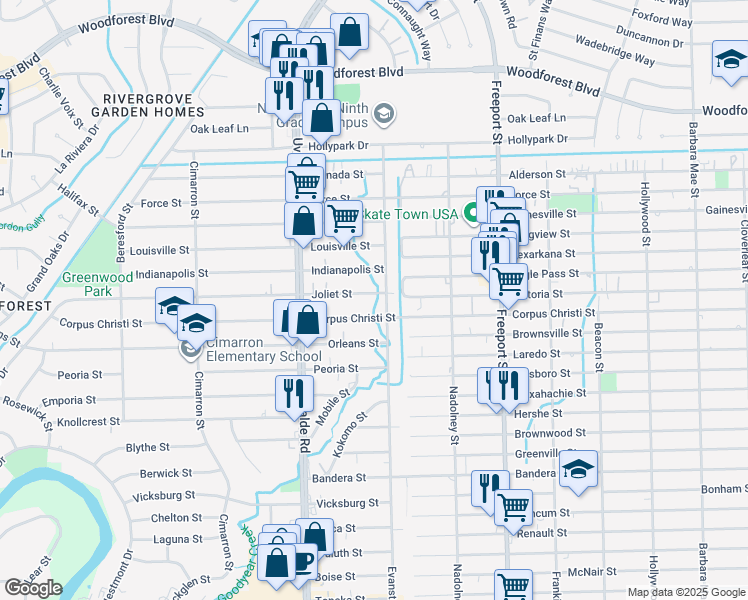 map of restaurants, bars, coffee shops, grocery stores, and more near 13509 Joliet Street in Houston