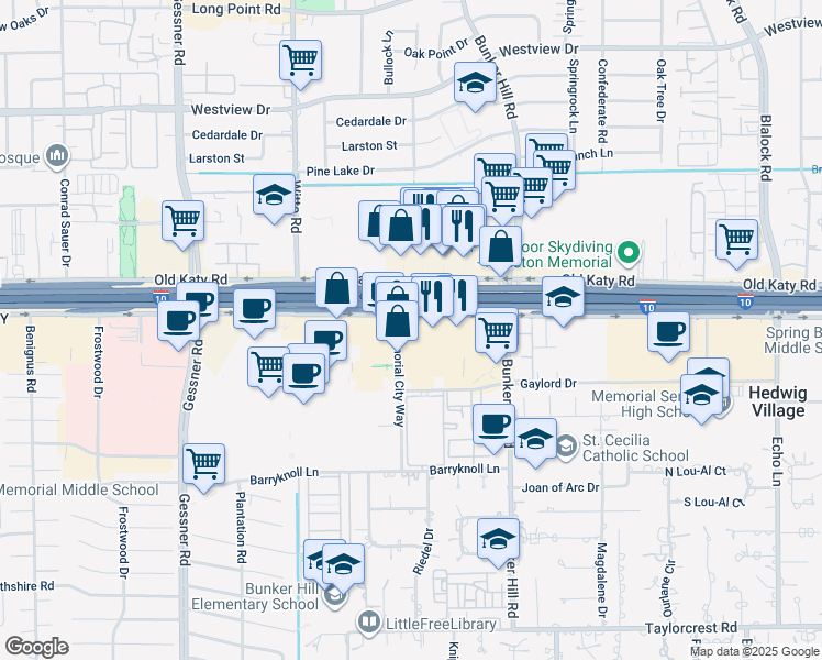 map of restaurants, bars, coffee shops, grocery stores, and more near 9805 Katy Freeway in Houston