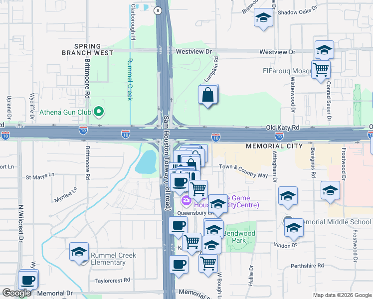 map of restaurants, bars, coffee shops, grocery stores, and more near 905 Town and Country Boulevard in Houston
