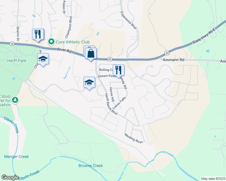 map of restaurants, bars, coffee shops, grocery stores, and more near 205 Horse Hill in Boerne