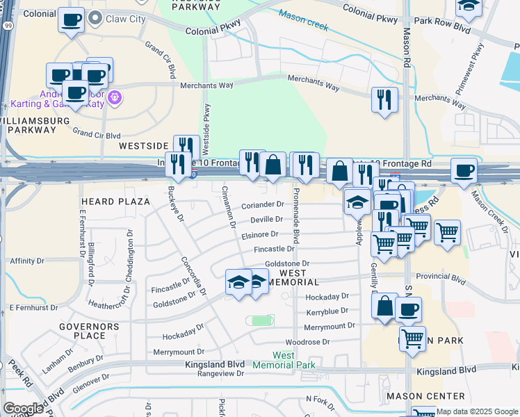map of restaurants, bars, coffee shops, grocery stores, and more near 22407 Coriander Drive in Katy