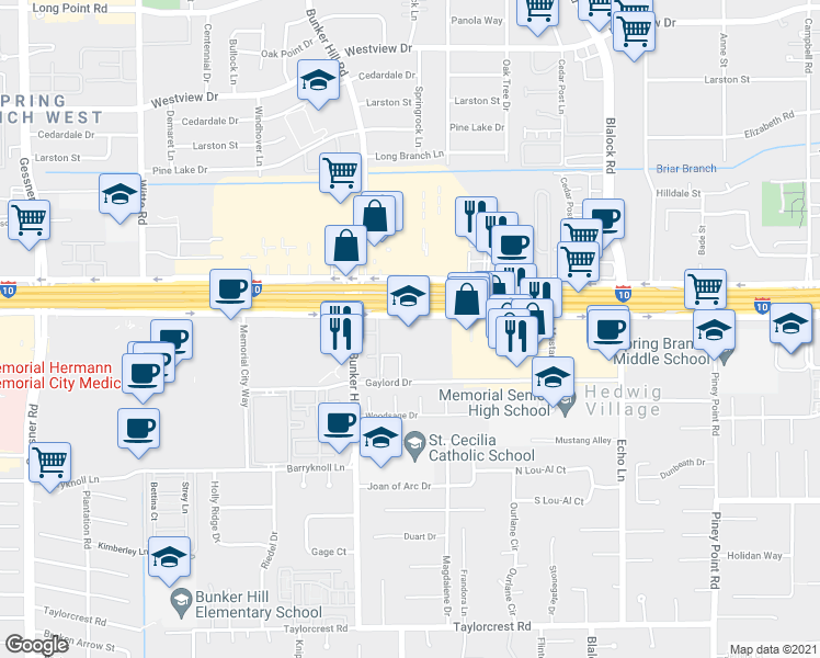 map of restaurants, bars, coffee shops, grocery stores, and more near Interstate 10 Frontage Rd in Houston