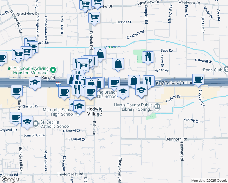 map of restaurants, bars, coffee shops, grocery stores, and more near 9219 Katy Fwy in Houston