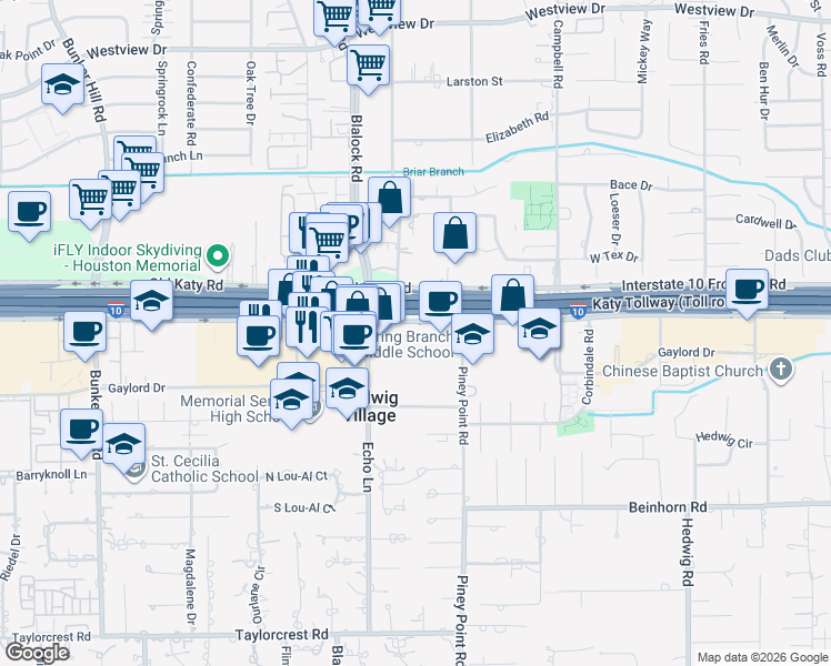 map of restaurants, bars, coffee shops, grocery stores, and more near 923 Interstate 10 Frontage Road in Houston
