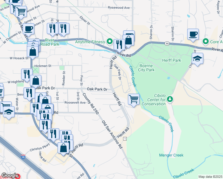 map of restaurants, bars, coffee shops, grocery stores, and more near 710 Oak Park Drive in Boerne