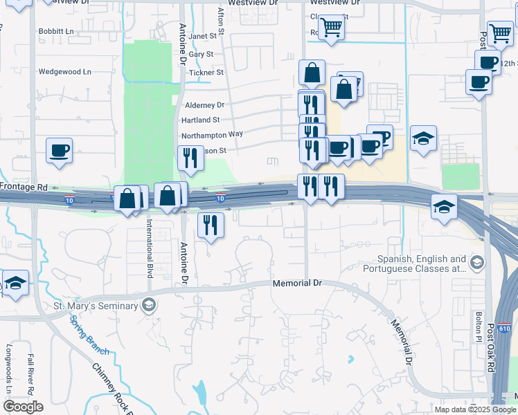 map of restaurants, bars, coffee shops, grocery stores, and more near 7777 Katy Freeway in Houston
