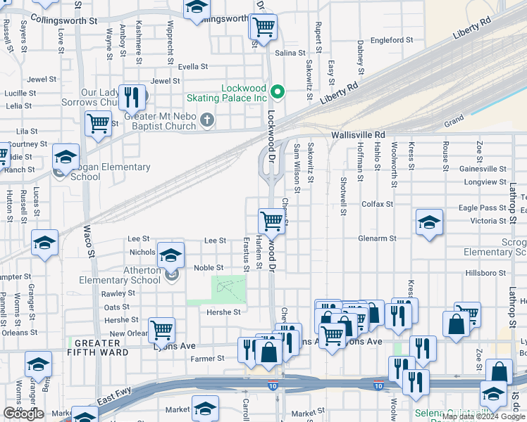 map of restaurants, bars, coffee shops, grocery stores, and more near 2419 Lockwood Drive in Houston