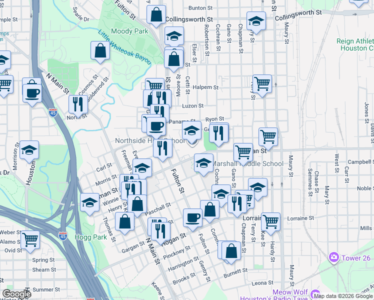 map of restaurants, bars, coffee shops, grocery stores, and more near 1101 Quitman Street in Houston