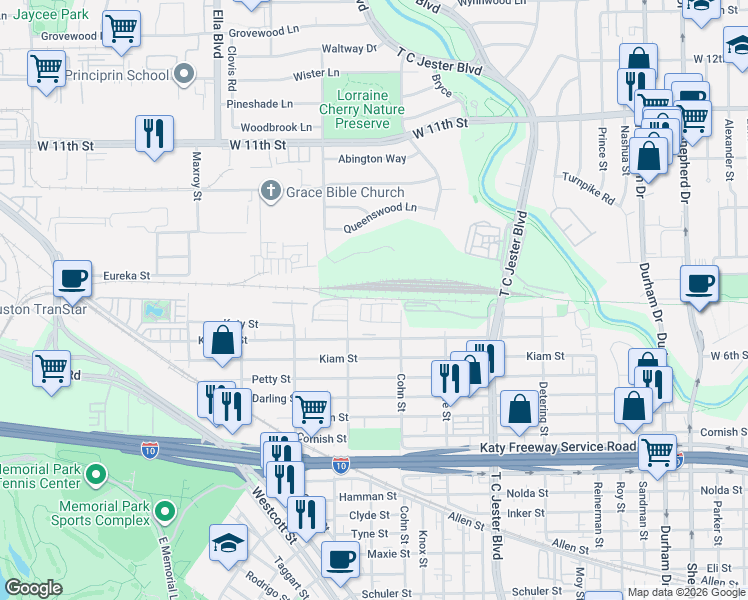 map of restaurants, bars, coffee shops, grocery stores, and more near 5608 Cohn Terrace in Houston