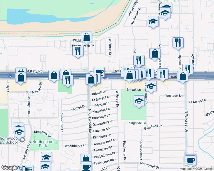 map of restaurants, bars, coffee shops, grocery stores, and more near 11601 Interstate 10 Frontage Road in Houston