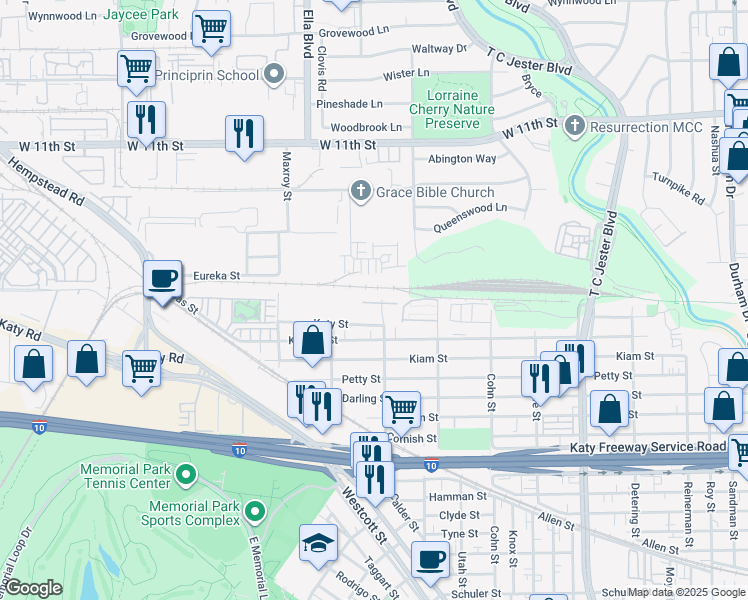 map of restaurants, bars, coffee shops, grocery stores, and more near 2845 Sherwin Street in Houston