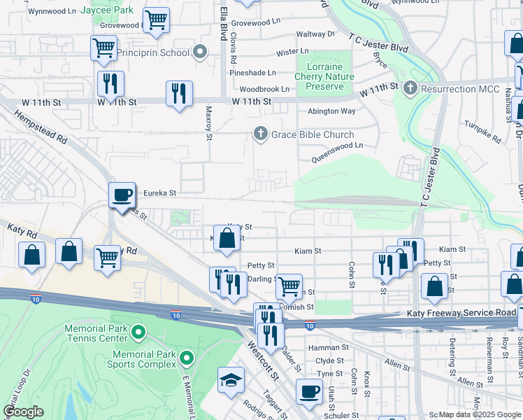 map of restaurants, bars, coffee shops, grocery stores, and more near 2845 Sherwin Street in Houston