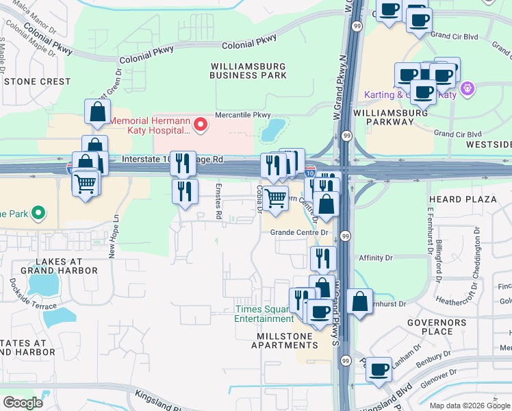 map of restaurants, bars, coffee shops, grocery stores, and more near 150 Cobia Drive in Katy