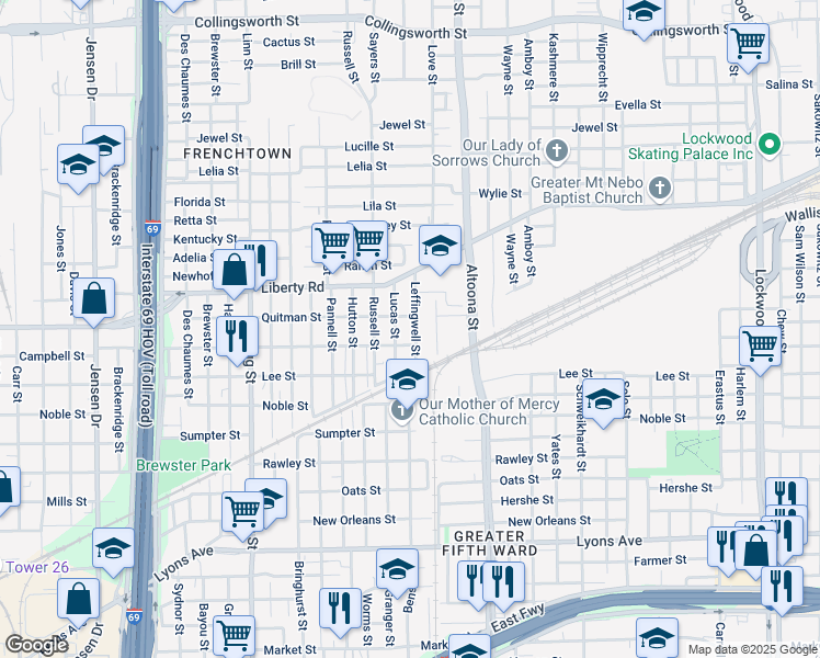 map of restaurants, bars, coffee shops, grocery stores, and more near 2403 Leffingwell Street in Houston