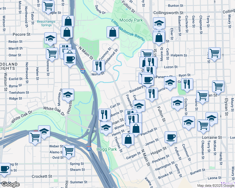 map of restaurants, bars, coffee shops, grocery stores, and more near 2621 North Main Street in Houston