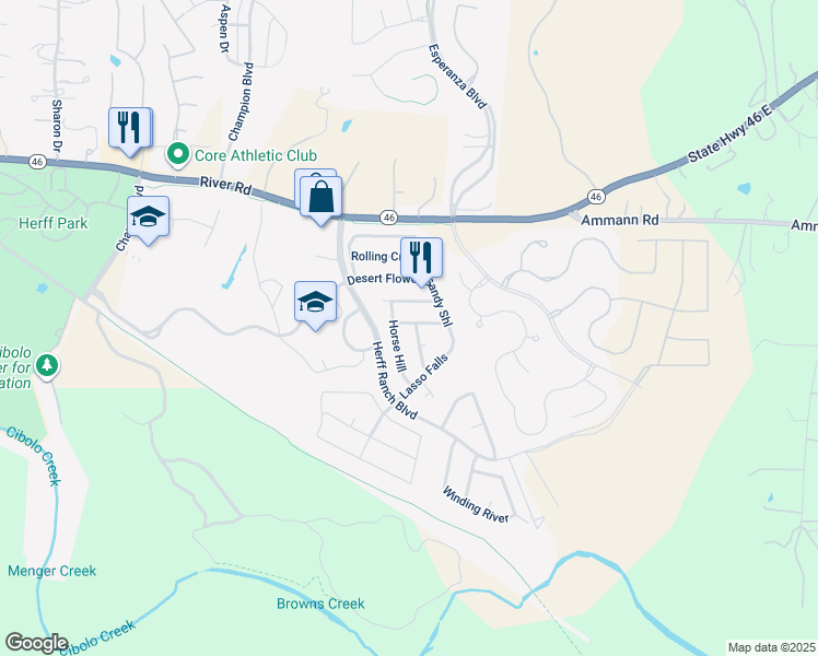 map of restaurants, bars, coffee shops, grocery stores, and more near 100 Saddle Horn in Boerne