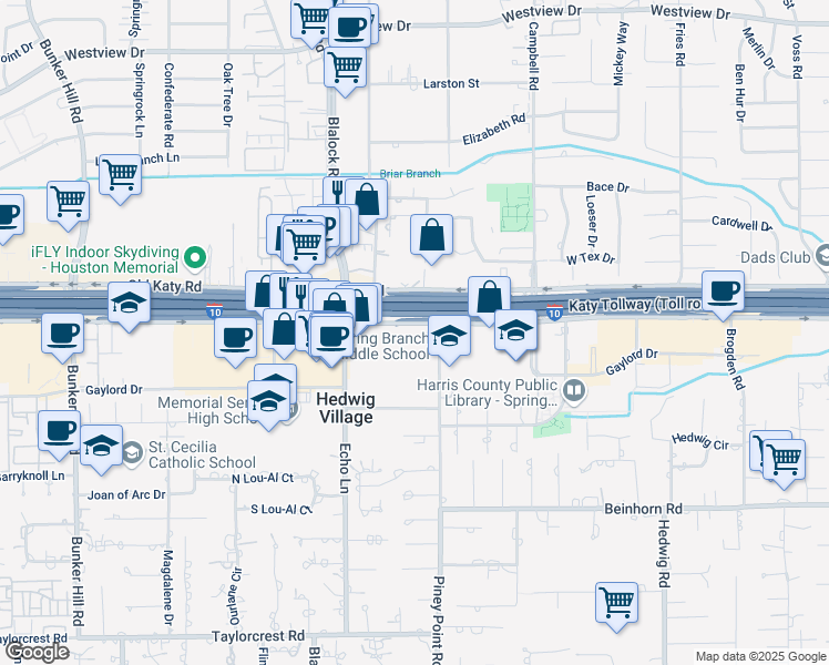 map of restaurants, bars, coffee shops, grocery stores, and more near 9219 Katy Fwy in Houston