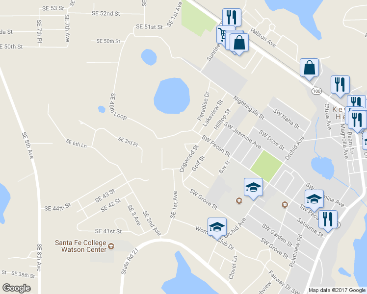 map of restaurants, bars, coffee shops, grocery stores, and more near 6860 Dogwood Circle in Keystone Heights
