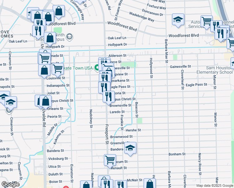 map of restaurants, bars, coffee shops, grocery stores, and more near 13938 Eagle Pass Street in Houston