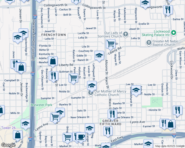 map of restaurants, bars, coffee shops, grocery stores, and more near 2403 Leffingwell Street in Houston