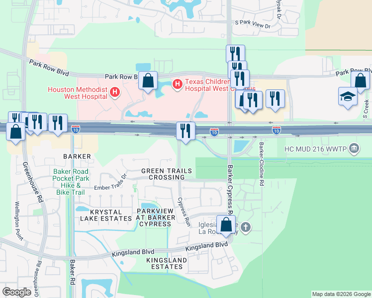 map of restaurants, bars, coffee shops, grocery stores, and more near Cypress Run in Houston