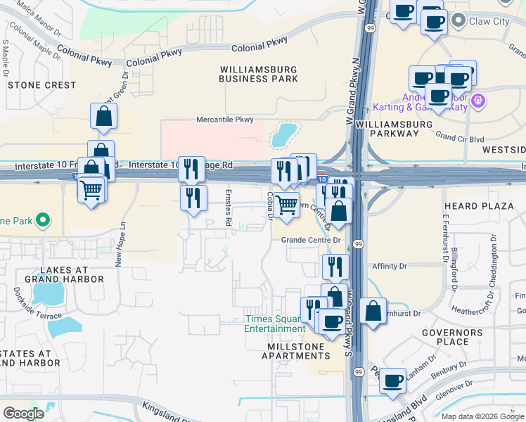 map of restaurants, bars, coffee shops, grocery stores, and more near 150 Cobia Drive in Katy