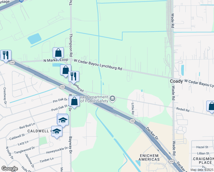 map of restaurants, bars, coffee shops, grocery stores, and more near 5419 Sunny Lane in Baytown